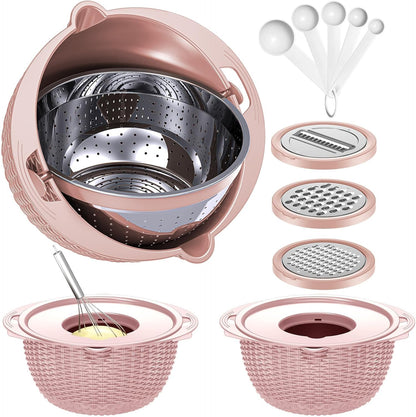 4-1 Colander with Bowl & Spoons Set - Food Strainer with New Upgraded Graters & Spoons - Colanders for kitchen(Patented) - Strainer for Fruit Pasta Veggie, Funny Presents for Women, Pink