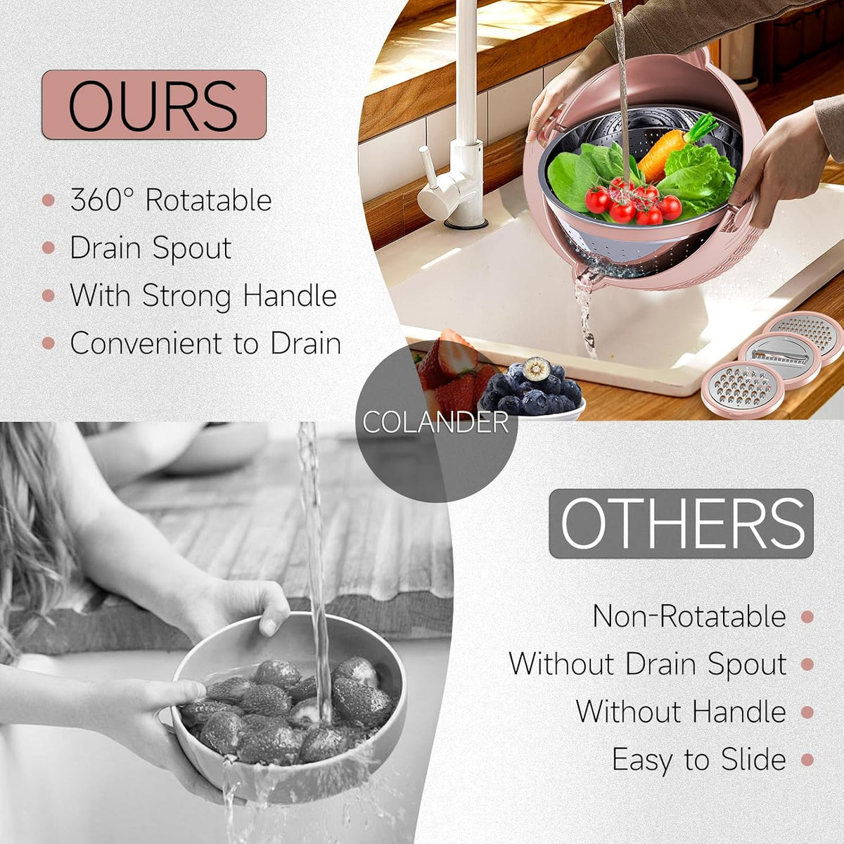 4-1 Colander with Bowl & Spoons Set - Food Strainer with New Upgraded Graters & Spoons - Colanders for kitchen(Patented) - Strainer for Fruit Pasta Veggie, Funny Presents for Women, Pink