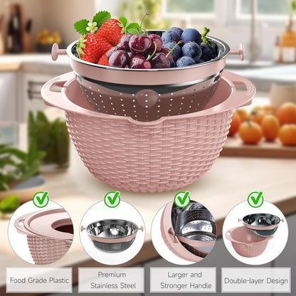 4-1 Colander with Bowl & Spoons Set - Food Strainer with New Upgraded Graters & Spoons - Colanders for kitchen(Patented) - Strainer for Fruit Pasta Veggie, Funny Presents for Women, Pink