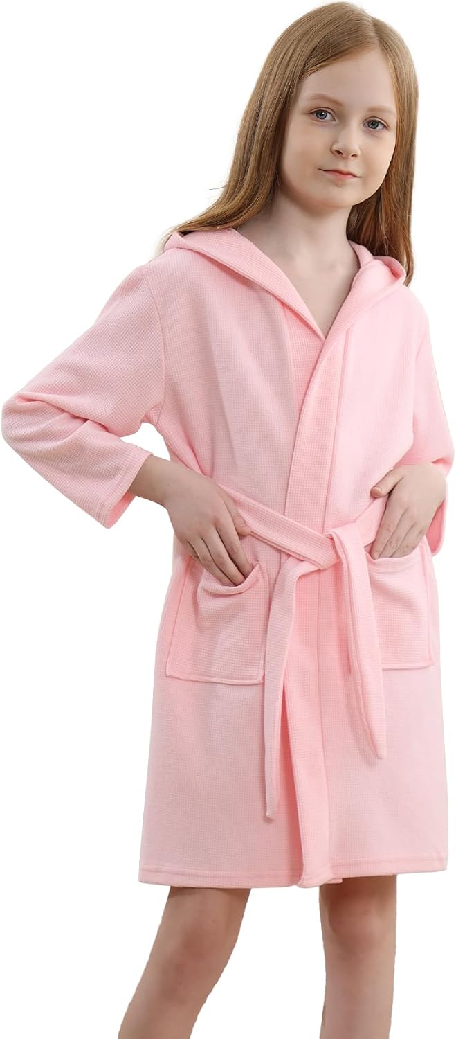 Boys Girls Hooded Robe Kids Soft Waffle Cotton Robes Spa Bathrobe Pajamas Sleepwear, 3-12 Years