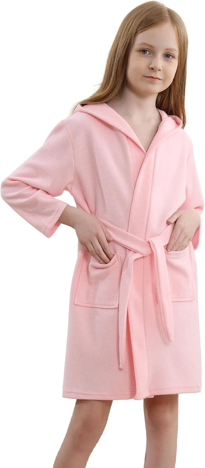 Boys Girls Hooded Robe Kids Soft Waffle Cotton Robes Spa Bathrobe Pajamas Sleepwear, 3-12 Years