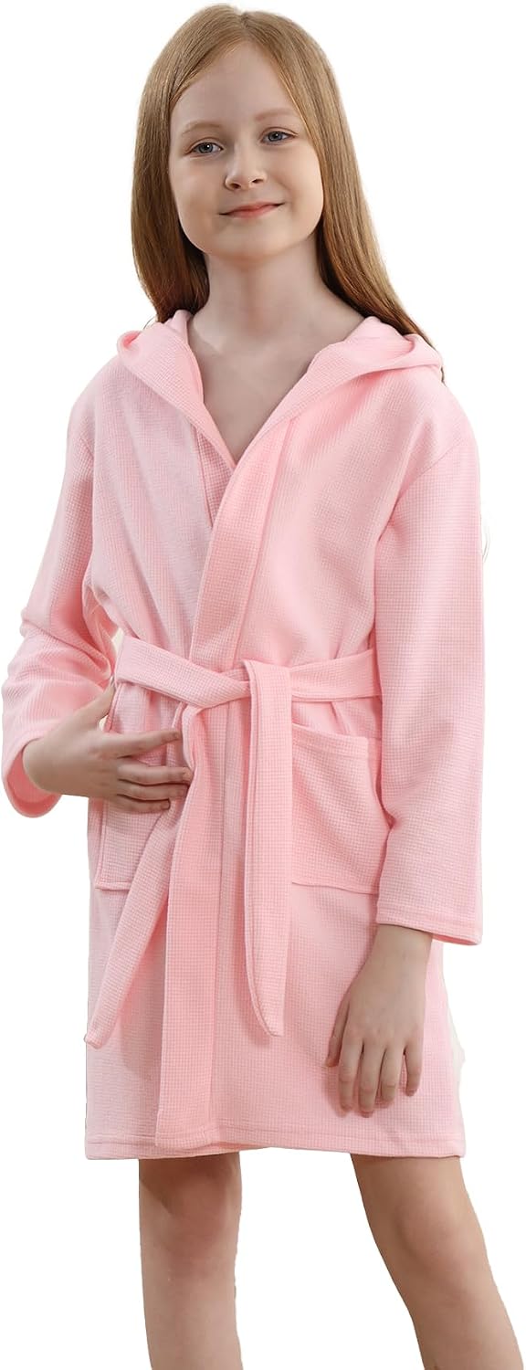 Boys Girls Hooded Robe Kids Soft Waffle Cotton Robes Spa Bathrobe Pajamas Sleepwear, 3-12 Years