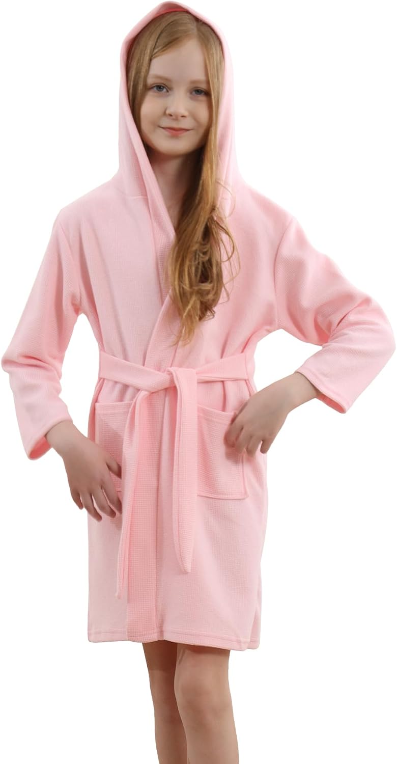 Boys Girls Hooded Robe Kids Soft Waffle Cotton Robes Spa Bathrobe Pajamas Sleepwear, 3-12 Years