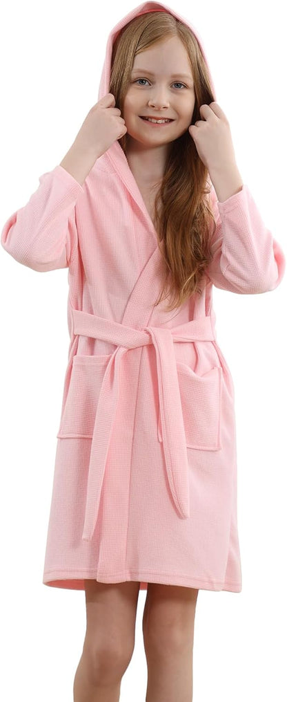 Boys Girls Hooded Robe Kids Soft Waffle Cotton Robes Spa Bathrobe Pajamas Sleepwear, 3-12 Years