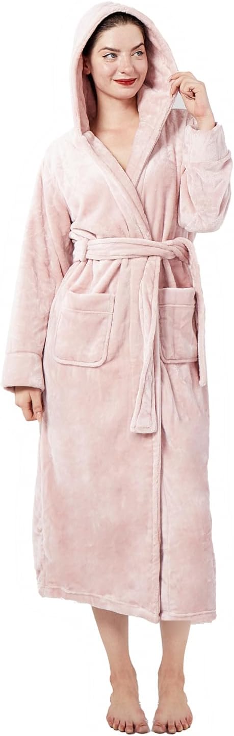 Womens Fleece Hooded Fluffy Bathrobe Plush Long soft cozy Winner Warm fuzzy Spa Robe with deep pockets