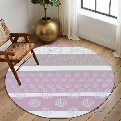 Farm Fruits 8ft Round Rug Washable Area Rug for Living Room, Soft Large Non-Slip 8' Circle Dining Room Rugs Watermelon Lemons Peach Pink Grey Striped Carpet for Bedroom Office Classroom Dorm