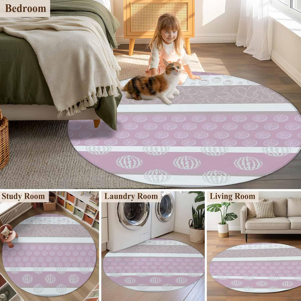Farm Fruits 8ft Round Rug Washable Area Rug for Living Room, Soft Large Non-Slip 8' Circle Dining Room Rugs Watermelon Lemons Peach Pink Grey Striped Carpet for Bedroom Office Classroom Dorm