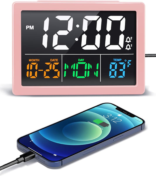 Digital Clock with Date Day for Seniors, Electric Alarm Clocks for Bedrooms with Temperature, 2 Alarms, Dimmer, Dual USB Charger, Battery Backup, Volume Control, Snooze, Bedside Desk Clock, Pink