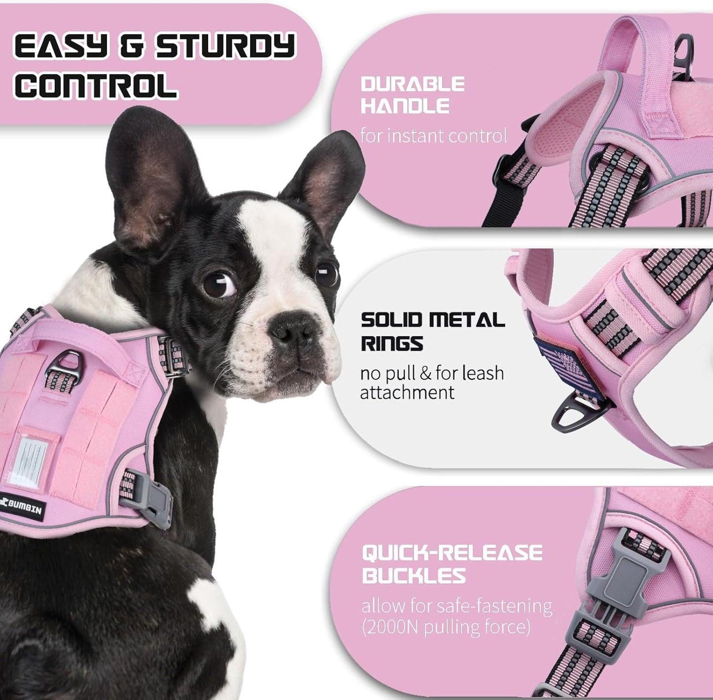 Tactical Dog Harness for Medium Dogs No Pull, Famous TIK Tok No Pull Puppy Harness, Fit Smart Reflective Pet Walking Harness for Training, Adjustable Dog Vest Harness with Handle Pink M