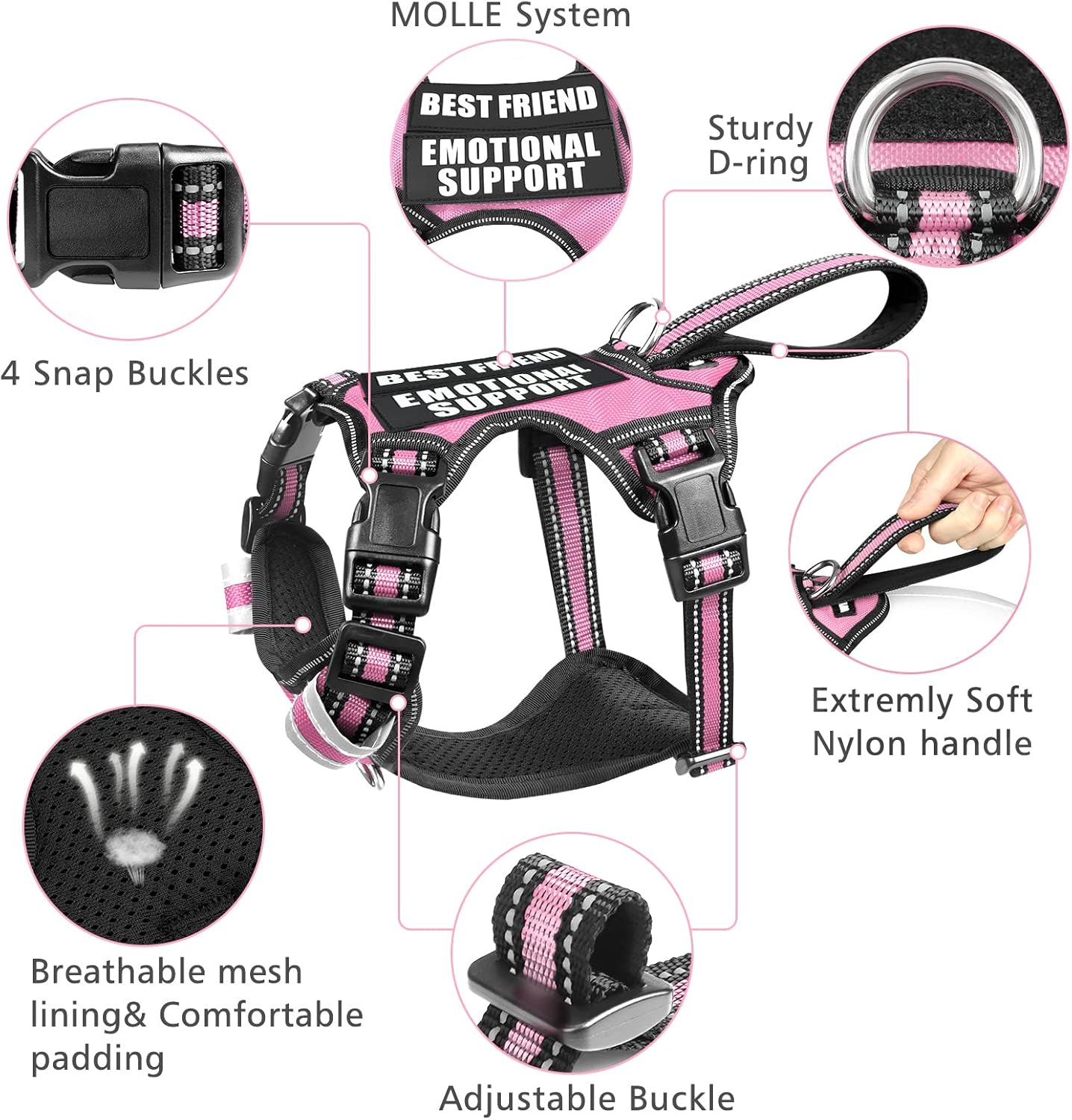 Service Dog Vest No Pull Dog Harness with 7 Dog Patches, Reflective Pet Harness with Durable Soft Padded Handle for Training Small, Medium, Large, and Extra-Large Dogs (X-Large, Pink)