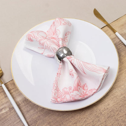 Efavormart Premium 5-Pack French Toile Cloth Napkins – 17"x17" Pink and White Reusable Polyester Table Napkins in Floral Design for Events & Dining