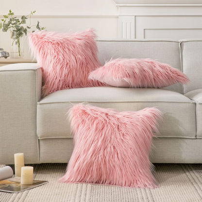 Faux Fur Solid Decorative Pillow Cover Fluffy Throw Pillow Mongolian Luxury Fuzzy Pillow Case Cushion Cover for Bedroom and Couch,Pink 18 x 18 Inches