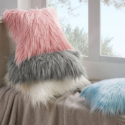 Faux Fur Solid Decorative Pillow Cover Fluffy Throw Pillow Mongolian Luxury Fuzzy Pillow Case Cushion Cover for Bedroom and Couch,Pink 18 x 18 Inches