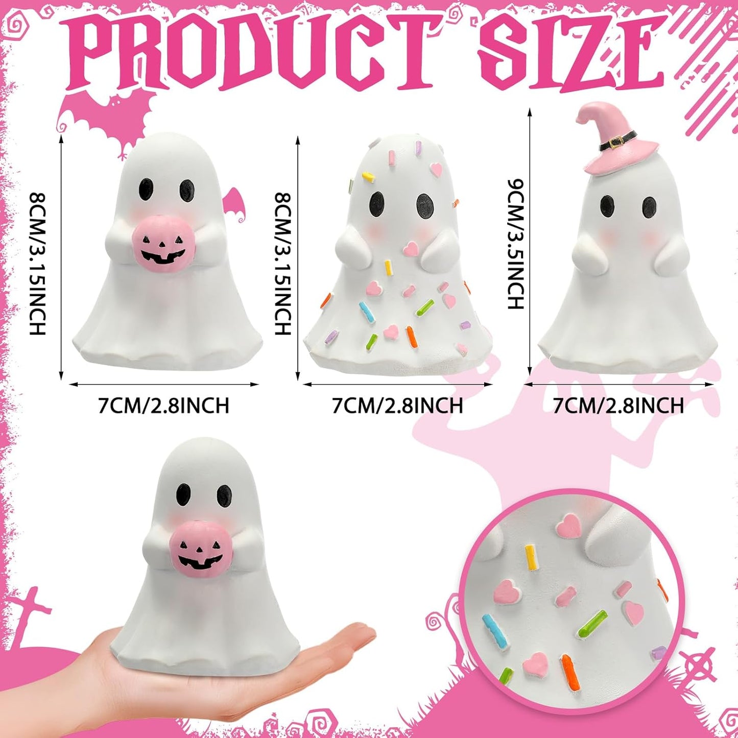 3 Pcs Pink Halloween Ghost Figurines, Classic Style