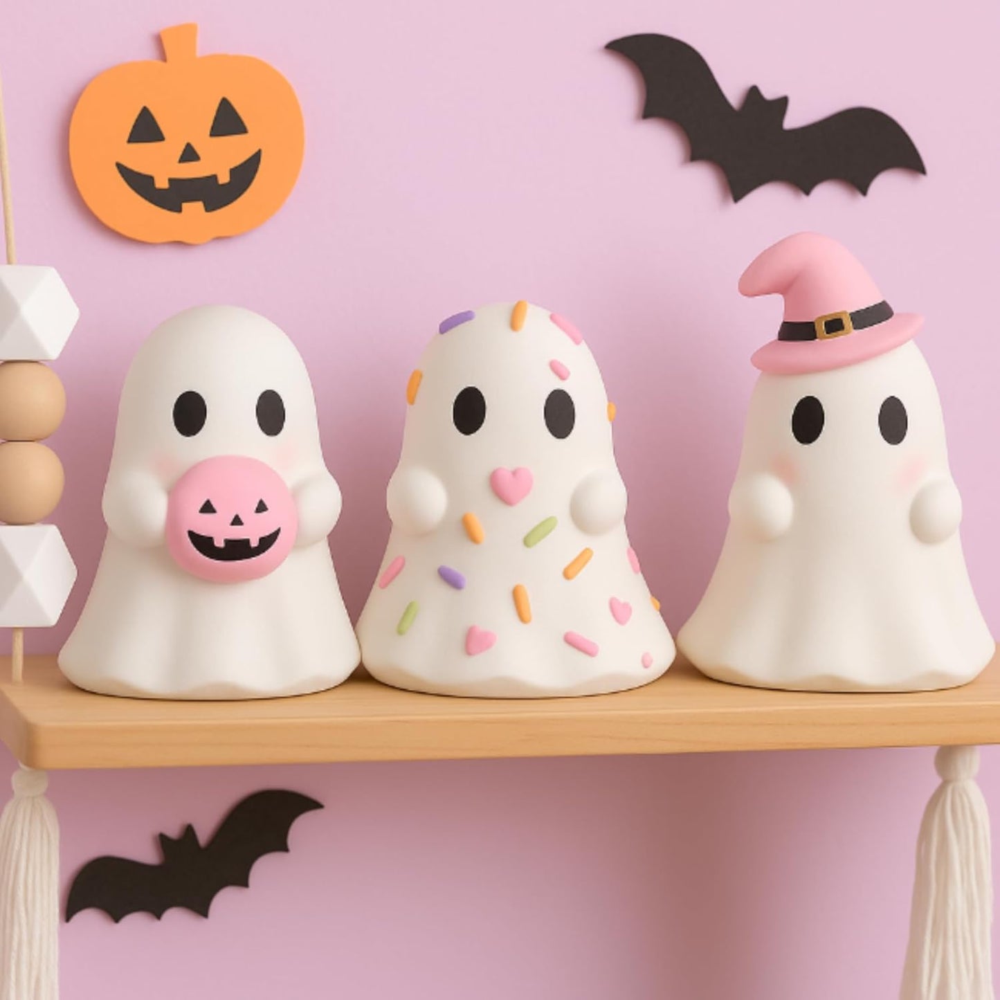 3 Pcs Pink Halloween Ghost Figurines, Classic Style