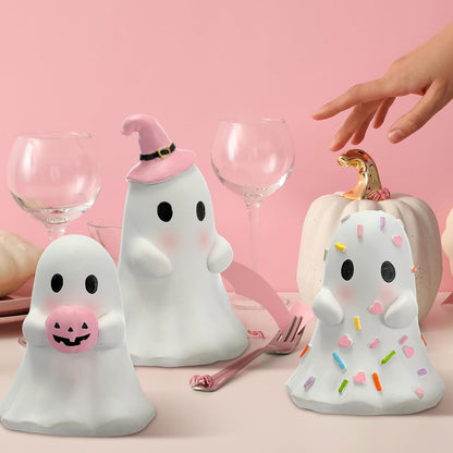 3 Pcs Pink Halloween Ghost Figurines, Classic Style