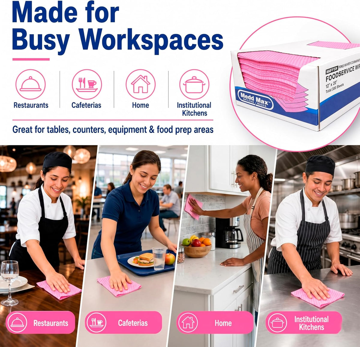 Medd Max Pink Towels Foodservice Reusable Paper Towels 12" x 20" Cleaning Cloths for Kitchen, Restaurant, Cafeterias and Home All Purpose - 200 Count
