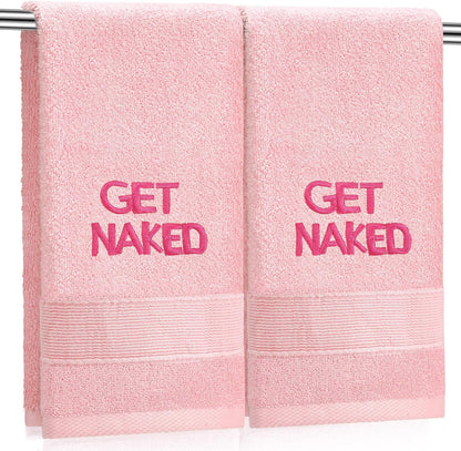 2 Pcs Pink Get Naked Hand Towels, 100% Cotton Embroidered