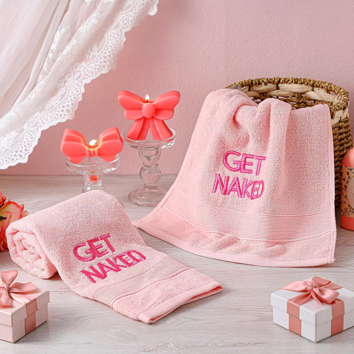2 Pcs Pink Get Naked Hand Towels, 100% Cotton Embroidered