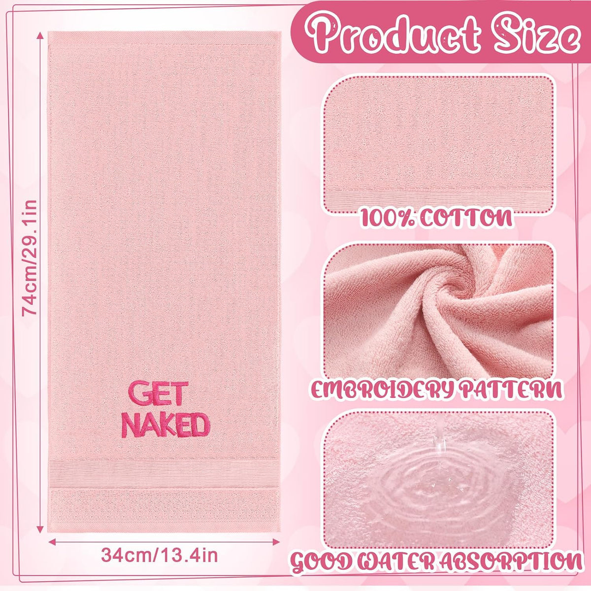 2 Pcs Pink Get Naked Hand Towels, 100% Cotton Embroidered