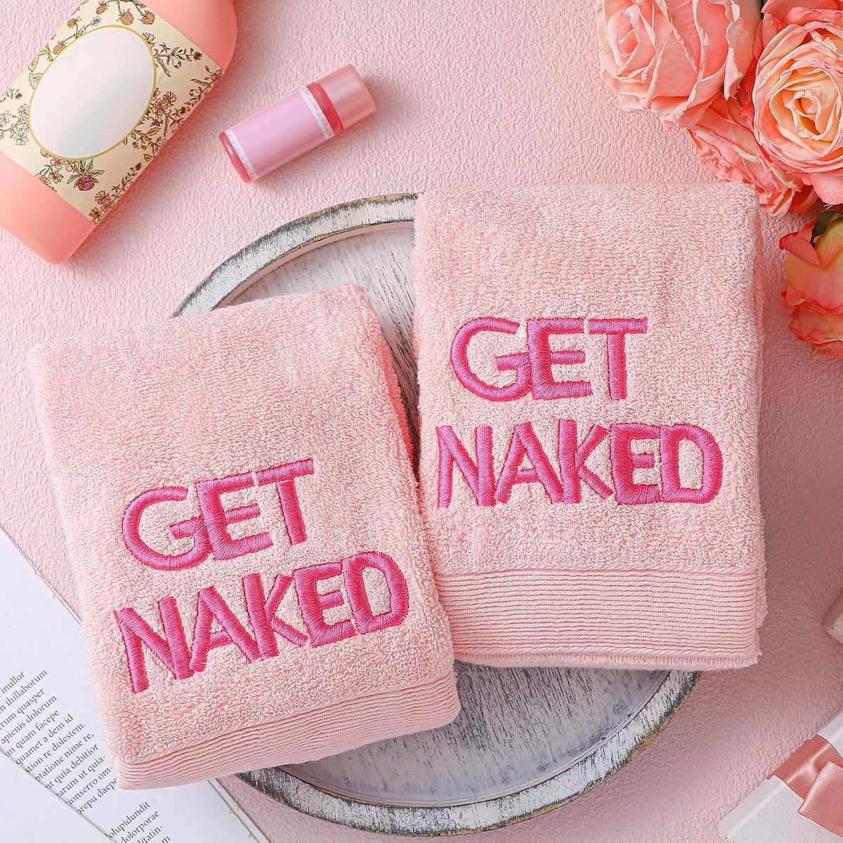 2 Pcs Pink Get Naked Hand Towels, 100% Cotton Embroidered