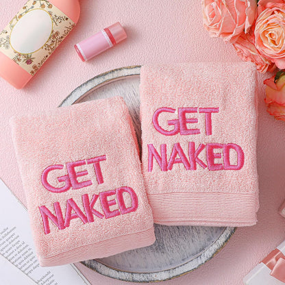 2 Pcs Pink Get Naked Hand Towels, 100% Cotton Embroidered