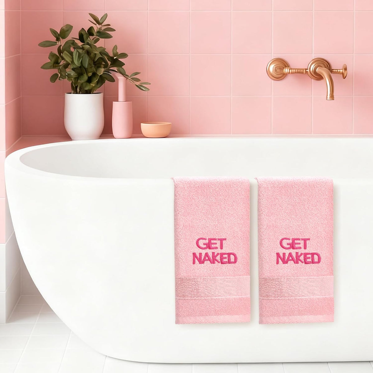 2 Pcs Pink Get Naked Hand Towels, 100% Cotton Embroidered