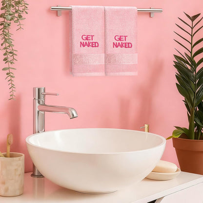 2 Pcs Pink Get Naked Hand Towels, 100% Cotton Embroidered