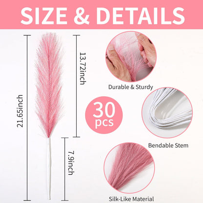 30PCS 21.6" Faux Pampas Grass Fluffy No Shedding, Pink Style