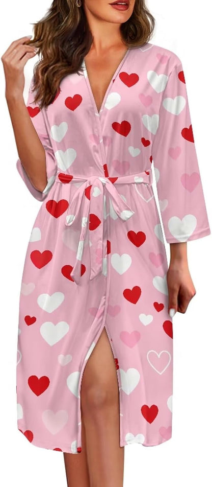 Womens Robe 3/4 Sleeves Bathrobe Lightweight Soft kimono Robes Casual Loungewear with Attached belt S-2XL