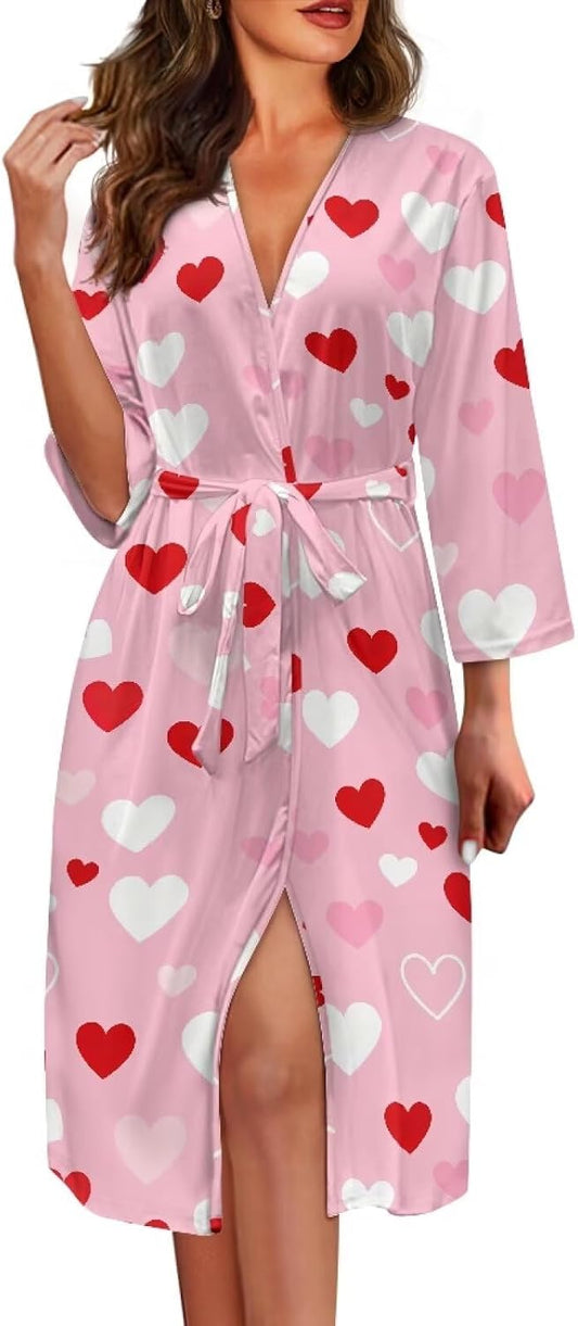 Womens Robe 3/4 Sleeves Bathrobe Lightweight Soft kimono Robes Casual Loungewear with Attached belt S-2XL