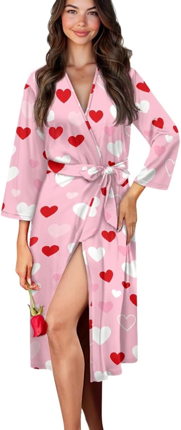 Womens Robe 3/4 Sleeves Bathrobe Lightweight Soft kimono Robes Casual Loungewear with Attached belt S-2XL