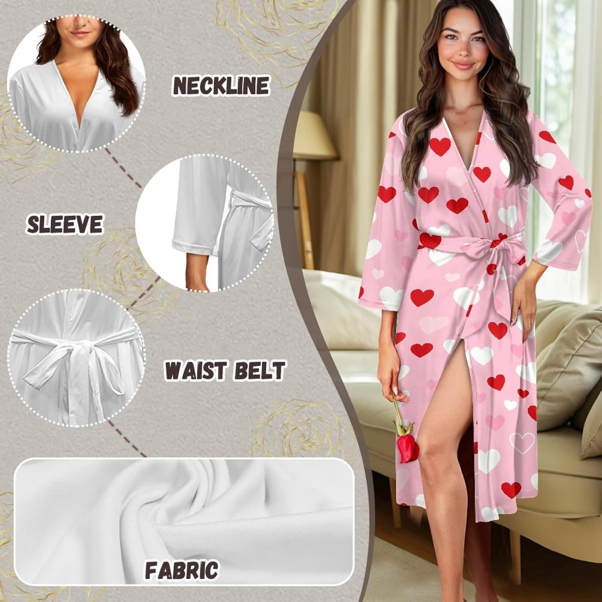 Womens Robe 3/4 Sleeves Bathrobe Lightweight Soft kimono Robes Casual Loungewear with Attached belt S-2XL