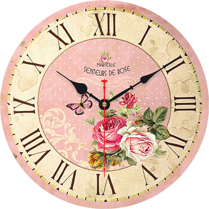 VIKMARI 14in Pink Wooden Wall Clock Roman Numerals Battery Operated Silent