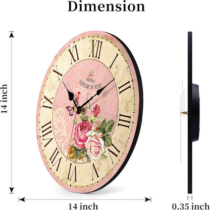 VIKMARI 14in Pink Wooden Wall Clock Roman Numerals Battery Operated Silent