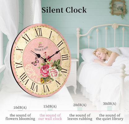 VIKMARI 14in Pink Wooden Wall Clock Roman Numerals Battery Operated Silent
