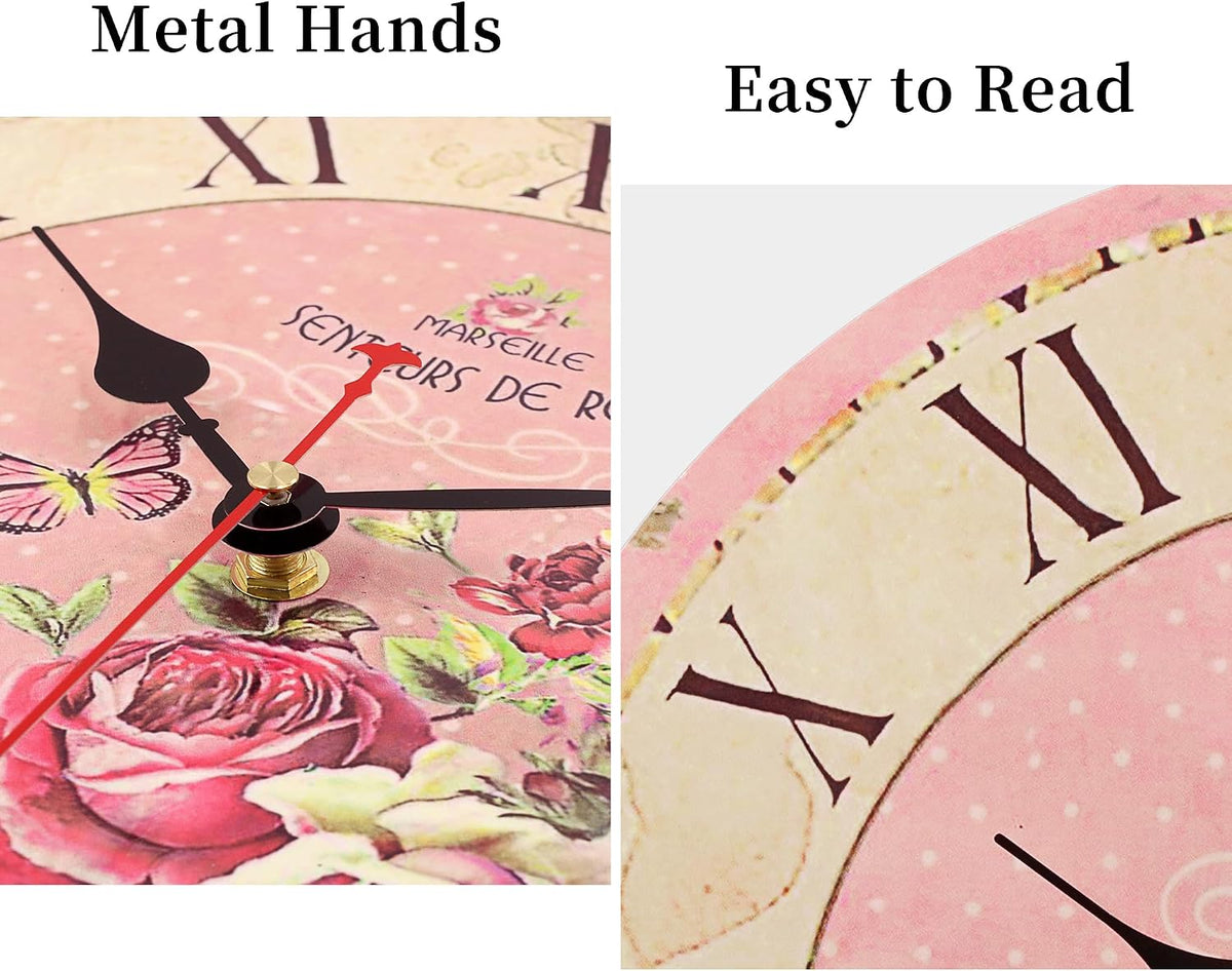 VIKMARI 14in Pink Wooden Wall Clock Roman Numerals Battery Operated Silent