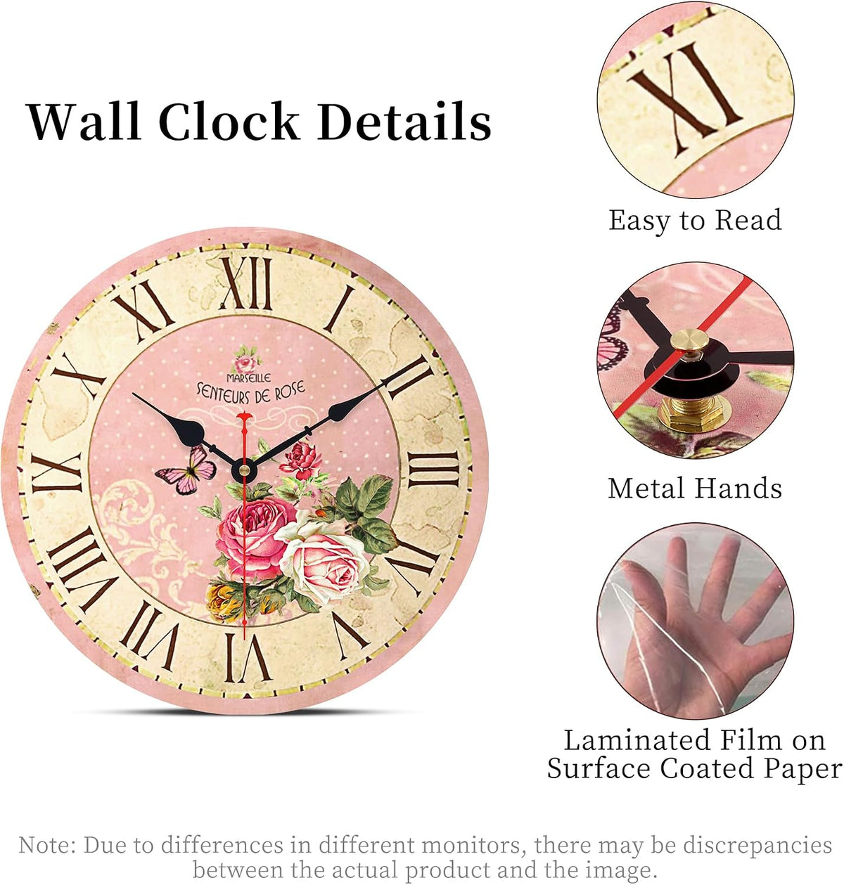 VIKMARI 14in Pink Wooden Wall Clock Roman Numerals Battery Operated Silent