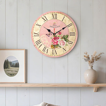 VIKMARI 14in Pink Wooden Wall Clock Roman Numerals Battery Operated Silent