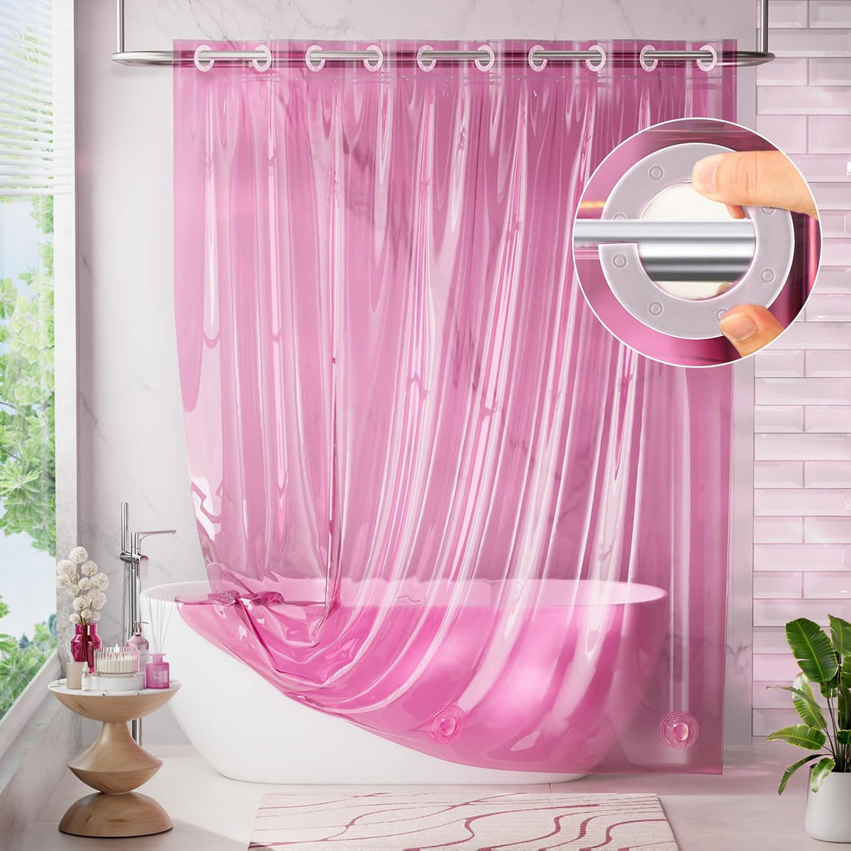 No Hook Shower Curtain and Liner 3-in-1, 8G Luxury Heavy Duty Clear Hot Pink No Hook Shower Curtain Liner, 72x75 Cute EVA Bathroom Weighted Plastic Shower Curtain with 3 Heavyweight Stones