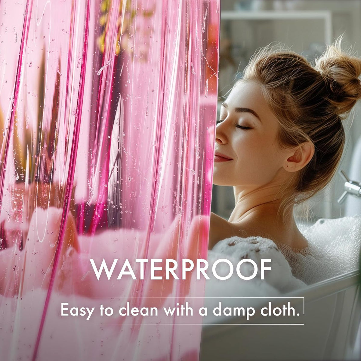 No Hook Shower Curtain and Liner 3-in-1, 8G Luxury Heavy Duty Clear Hot Pink No Hook Shower Curtain Liner, 72x75 Cute EVA Bathroom Weighted Plastic Shower Curtain with 3 Heavyweight Stones