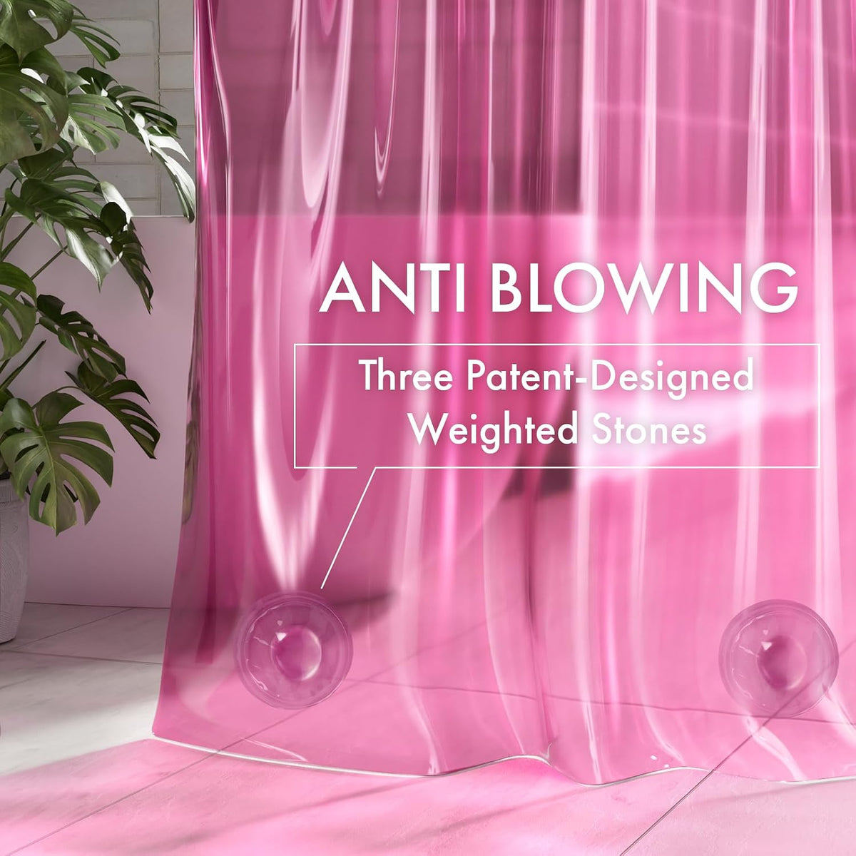 No Hook Shower Curtain and Liner 3-in-1, 8G Luxury Heavy Duty Clear Hot Pink No Hook Shower Curtain Liner, 72x75 Cute EVA Bathroom Weighted Plastic Shower Curtain with 3 Heavyweight Stones