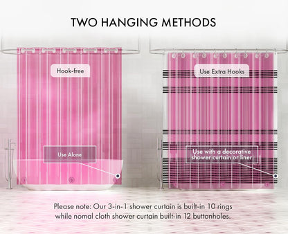 No Hook Shower Curtain and Liner 3-in-1, 8G Luxury Heavy Duty Clear Hot Pink No Hook Shower Curtain Liner, 72x75 Cute EVA Bathroom Weighted Plastic Shower Curtain with 3 Heavyweight Stones