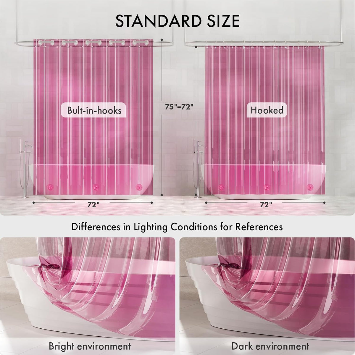 No Hook Shower Curtain and Liner 3-in-1, 8G Luxury Heavy Duty Clear Hot Pink No Hook Shower Curtain Liner, 72x75 Cute EVA Bathroom Weighted Plastic Shower Curtain with 3 Heavyweight Stones