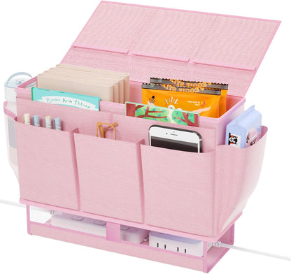 Bedside Caddy Organizer, Bed Caddy with 11 Pockets, Pink