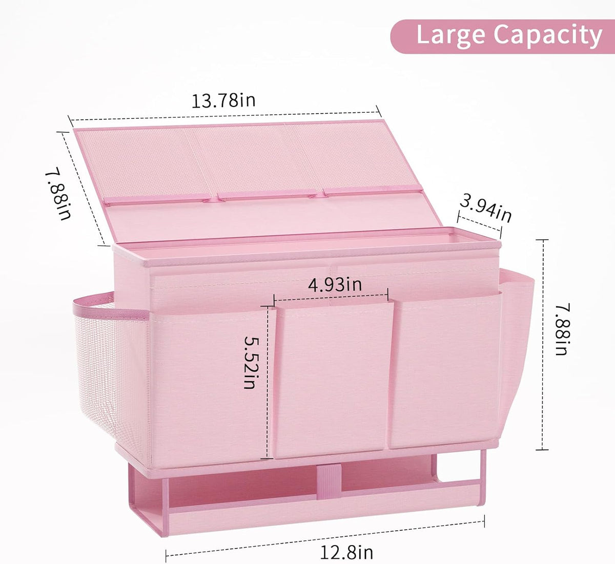 Bedside Caddy Organizer, Bed Caddy with 11 Pockets, Pink