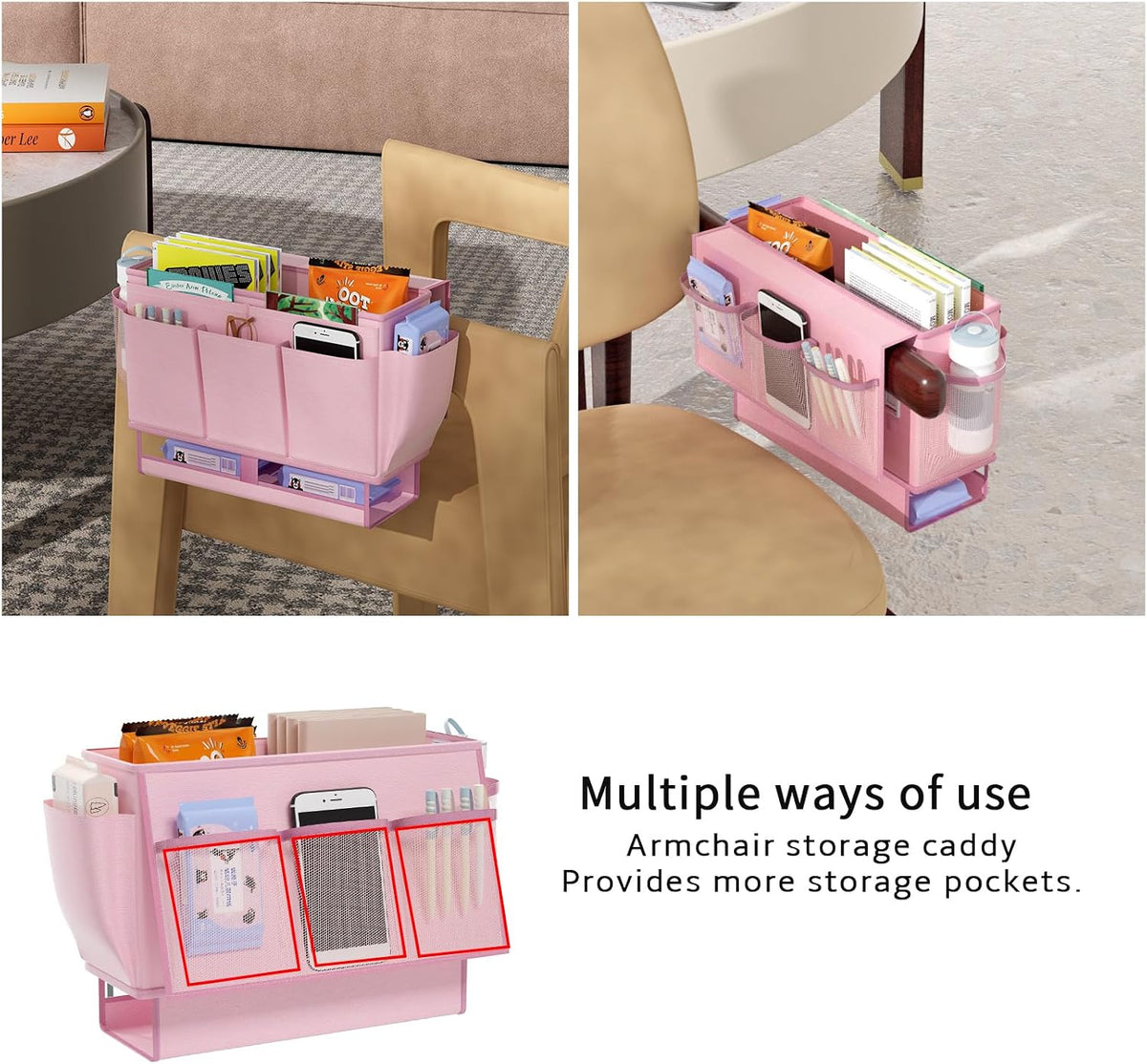 Bedside Caddy Organizer, Bed Caddy with 11 Pockets, Pink