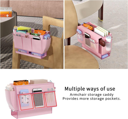 Bedside Caddy Organizer, Bed Caddy with 11 Pockets, Pink