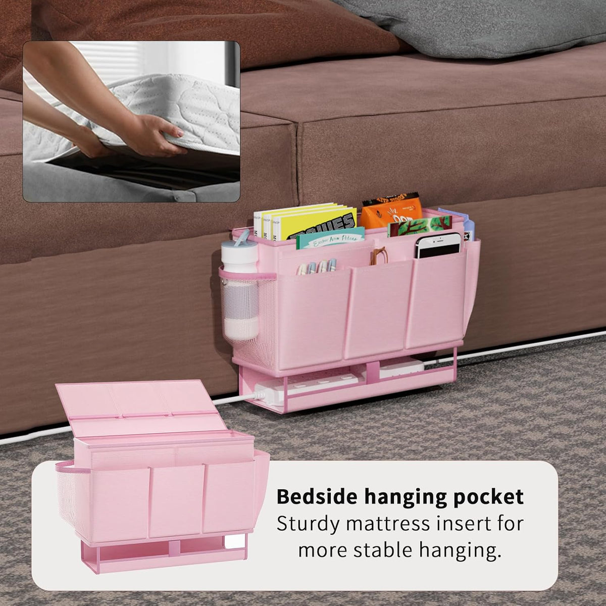 Bedside Caddy Organizer, Bed Caddy with 11 Pockets, Pink
