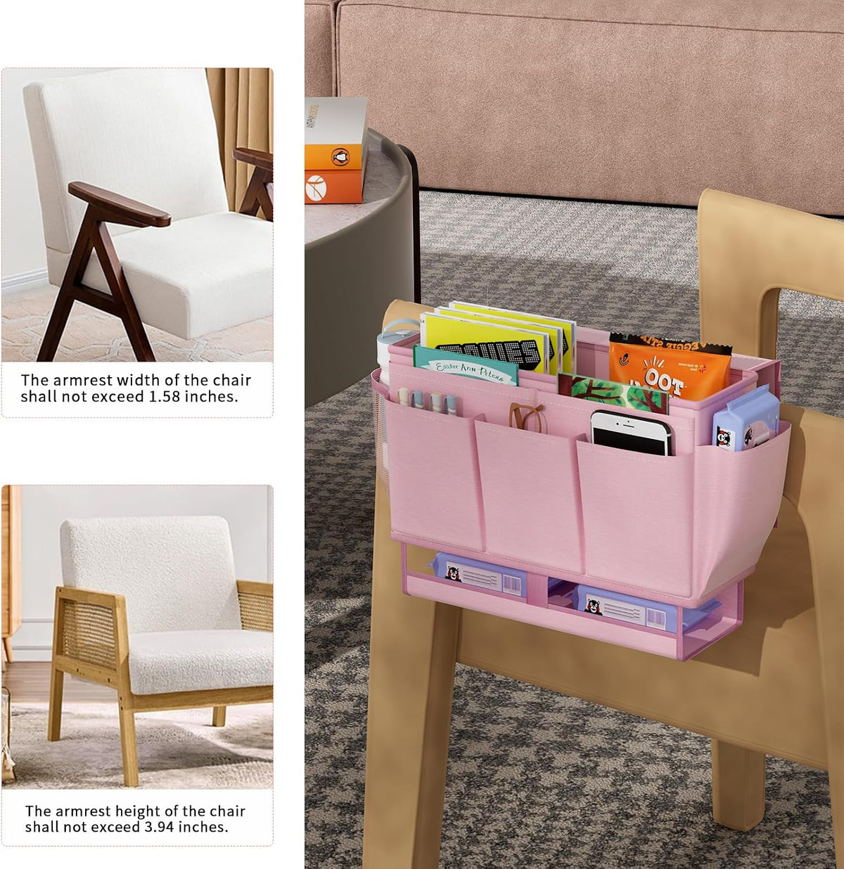 Bedside Caddy Organizer, Bed Caddy with 11 Pockets, Pink